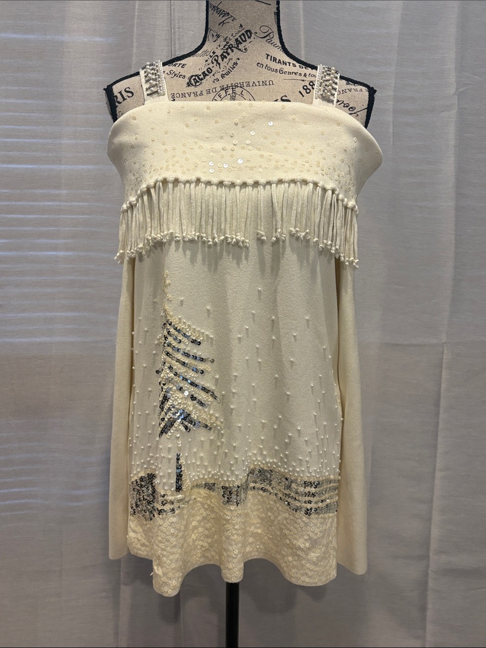 Berek Beaded Sequined Christmas Tree Cream Cold Shoulder Sweater Sz XL